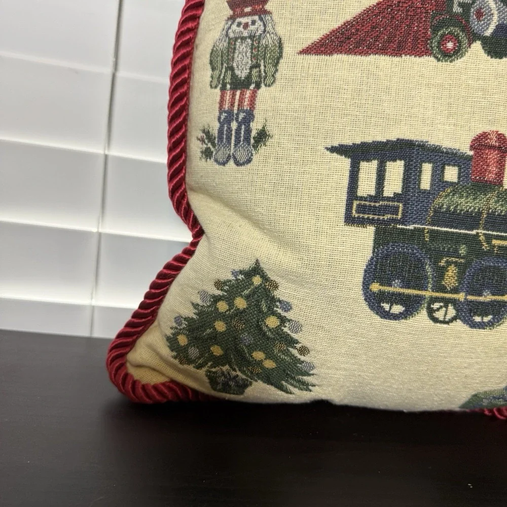 VTG 90s Square Tapestry Pillow Christmas Tree‎ Trains Nutcracker Star 16x16 gift